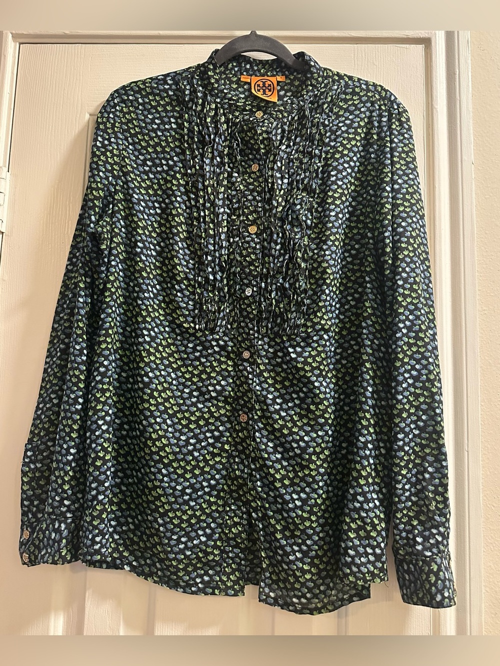 Tory Burch Navy Button-Front Ruffle Blouse with Green Print